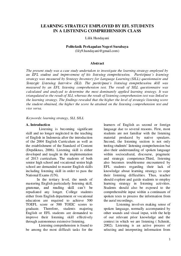 (PDF) Learning Strategy Employed by Efl Students in a Listening ...