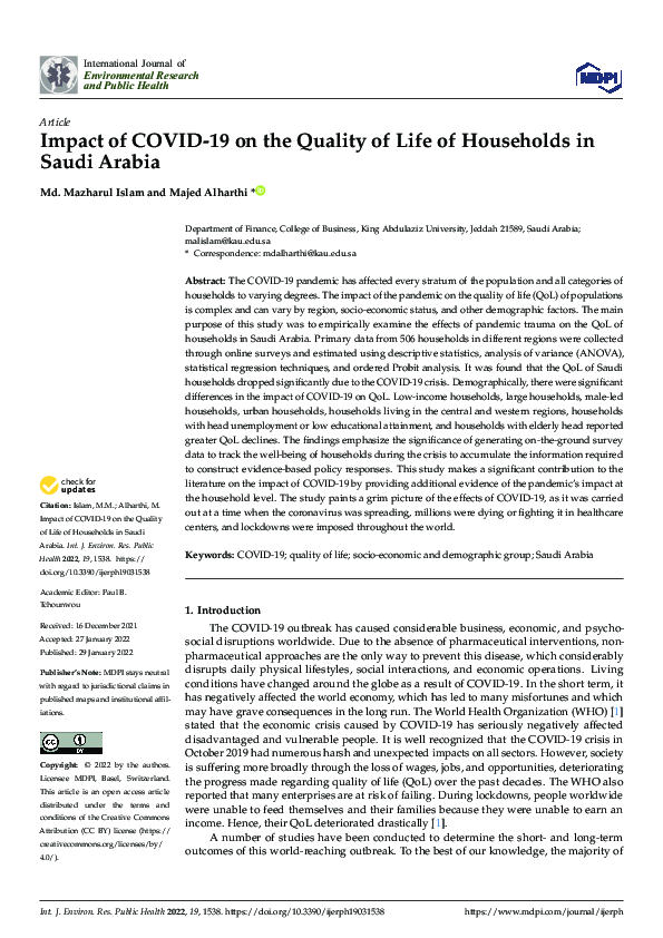 (PDF) Impact of COVID-19 on the Quality of Life of Households in Saudi ...