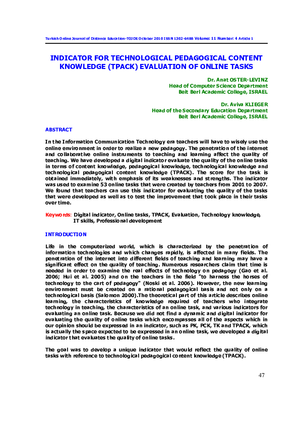 (PDF) Indicator For Technological Pedagogical Content Knowledge (Tpack ...