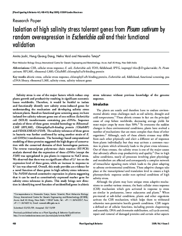 (PDF) Isolation of high salinity stress tolerant genes from Pisum ...