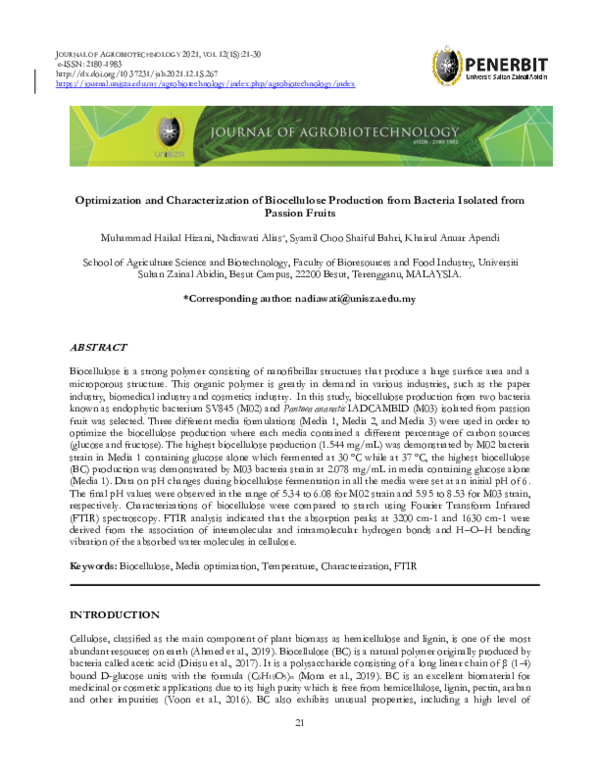 (PDF) Optimization and Characterization of Biocellulose Production from ...