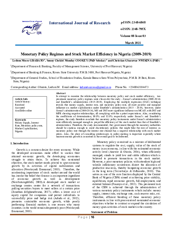 (PDF) Monetary Policy Regimes and Stock Market Efficiency in Nigeria ...