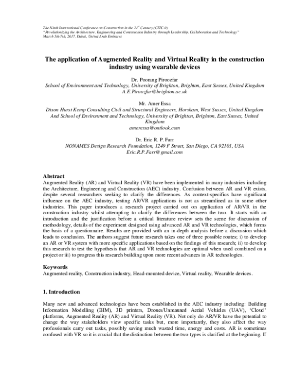 (PDF) The application of Augmented Reality and Virtual Reality in the ...