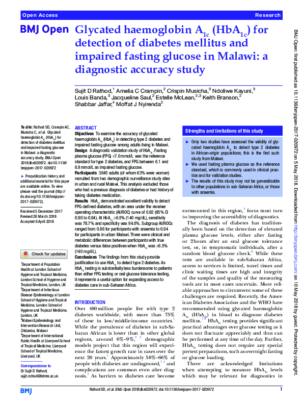 (PDF) Glycated haemoglobin A 1 c ( HbA 1 c ) for detection of diabetes ...