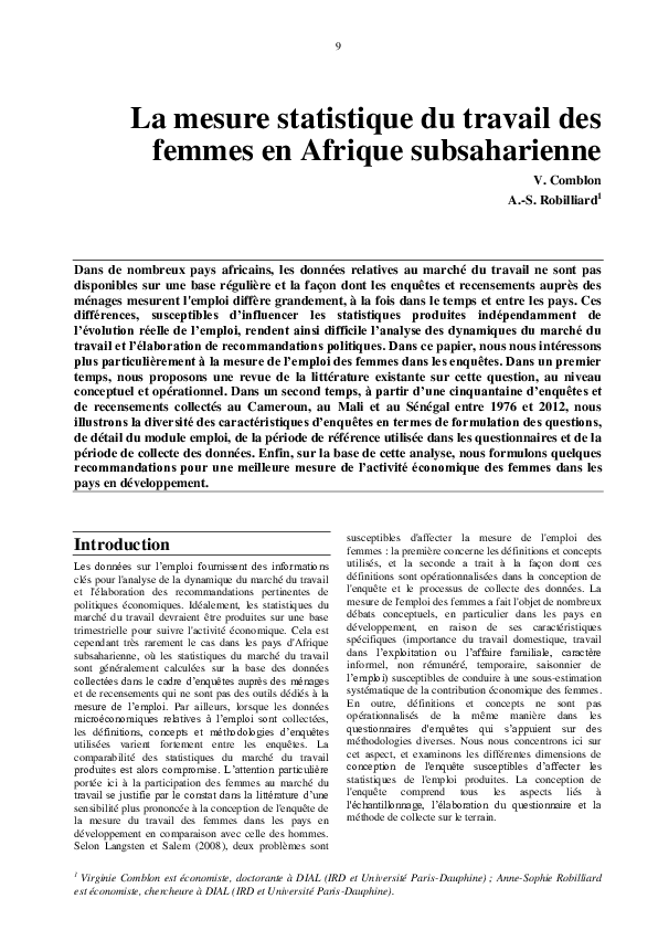 (PDF) La mesure statistique du travail des femmes en Afrique subsaharienne