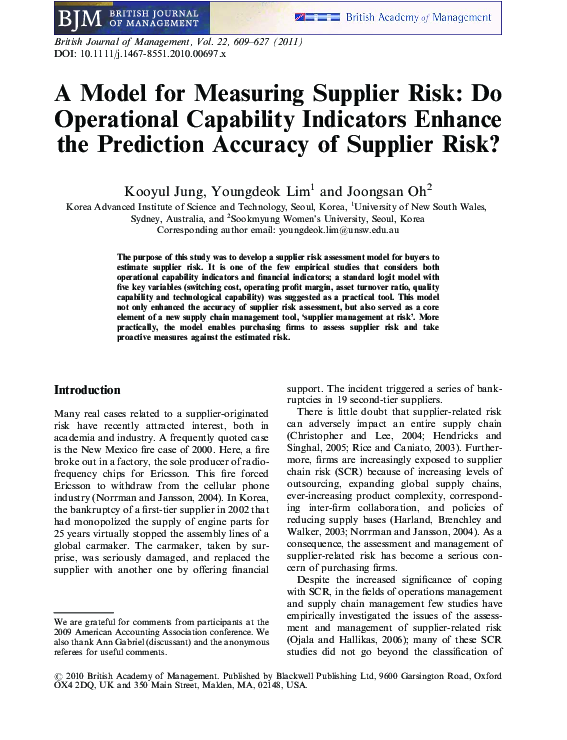(PDF) A Model for Measuring Supplier Risk: Do Operational Capability ...