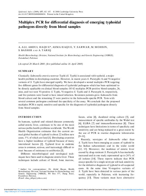 (PDF) Multiplex PCR for differential diagnosis of emerging typhoidal ...