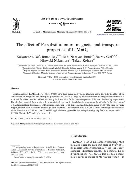 (PDF) The effect of Fe substitution on magnetic and transport ...