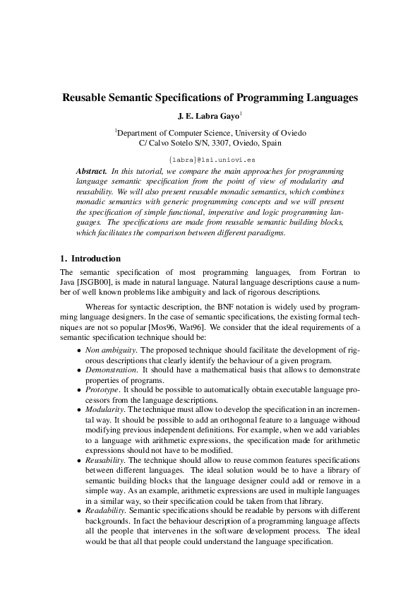 (PDF) Reusable semantic specifications of programming languages
