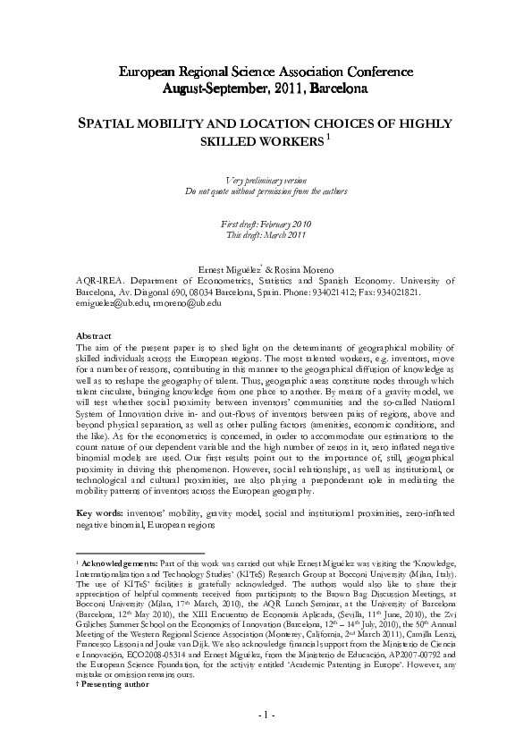 (PDF) Spatial Mobility And Location Choices Of Highly Skilled Workers