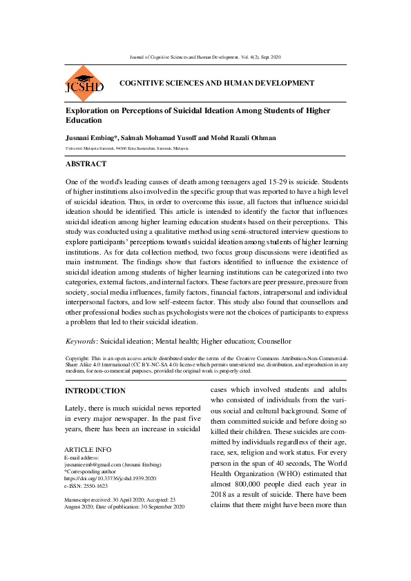 (PDF) Exploration on perception o suicidal ideation among students of ...