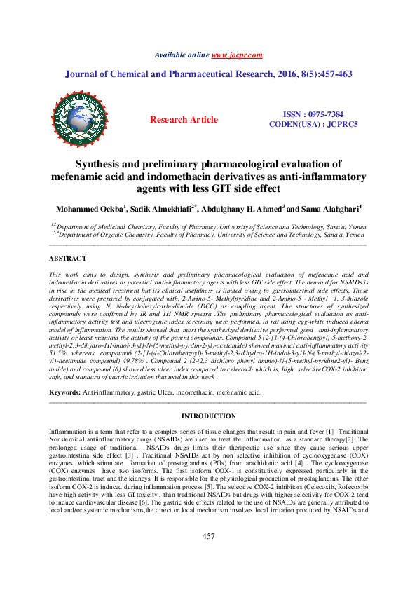 (PDF) Synthesis and preliminary pharmacological evaluation of mefenamic ...