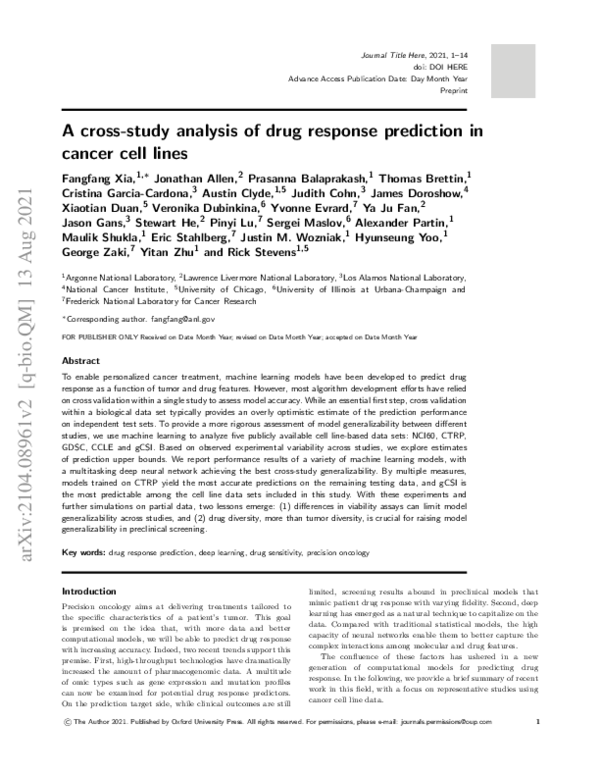 (PDF) Cross-Study Drug Response Prediction in Cancer