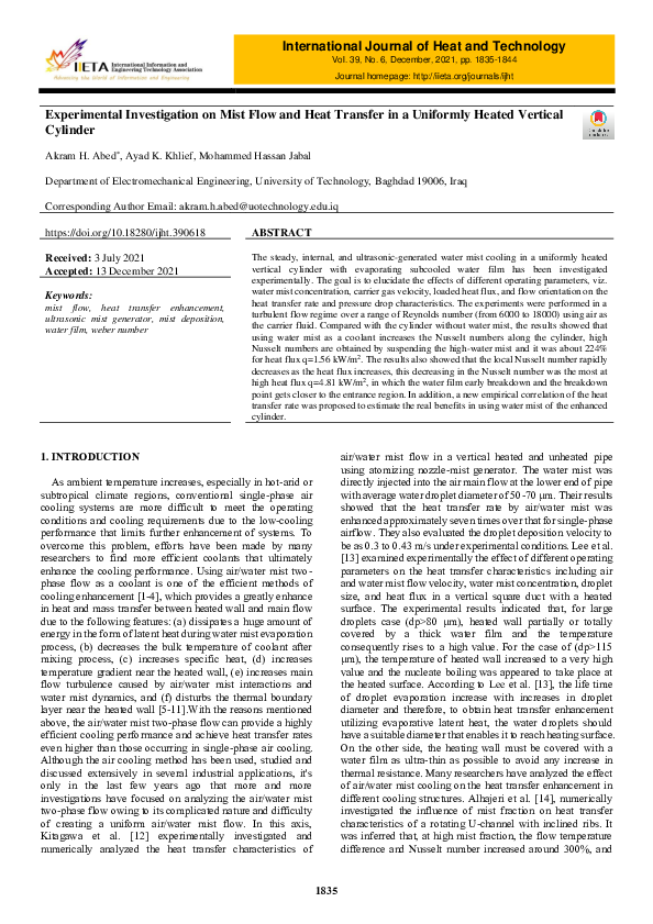 (PDF) Experimental Investigation on Mist Flow and Heat Transfer in a ...