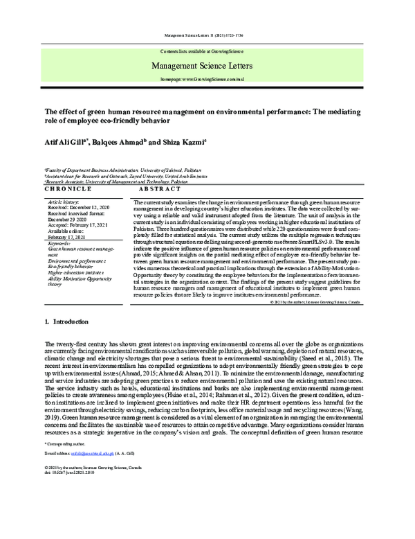 (PDF) The effect of green human resource management on environmental ...