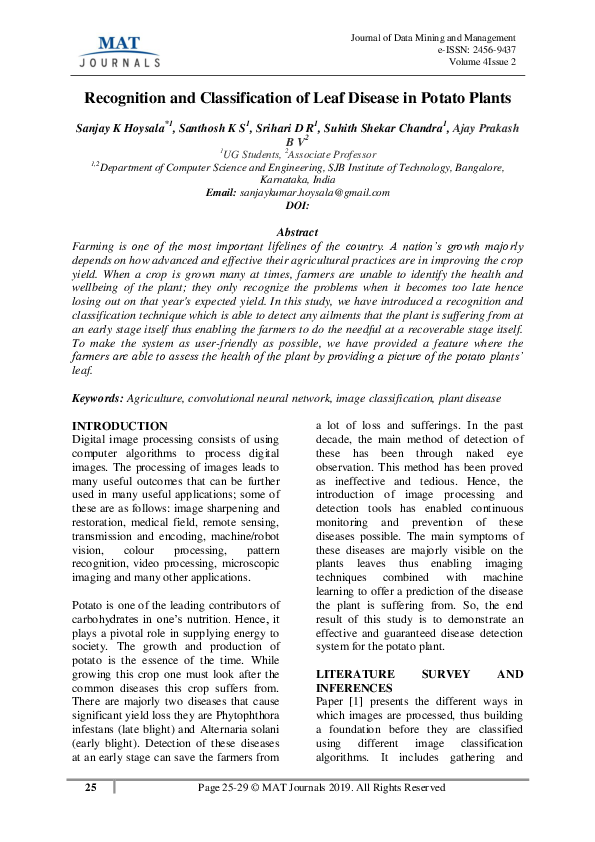 (PDF) Recognition and Classification of Leaf Disease in Potato Plants