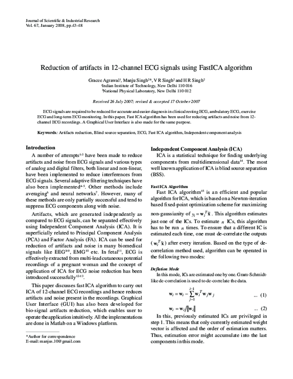 (PDF) Reduction of Artifacts In 12-Channel ECG Signals Using FastICA ...