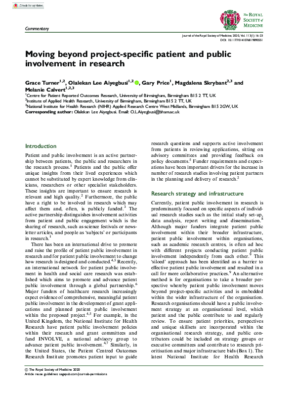 (PDF) Moving beyond project-specific patient and public involvement in ...