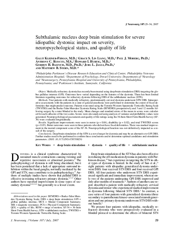 (PDF) Subthalamic nucleus deep brain stimulation for severe idiopathic ...