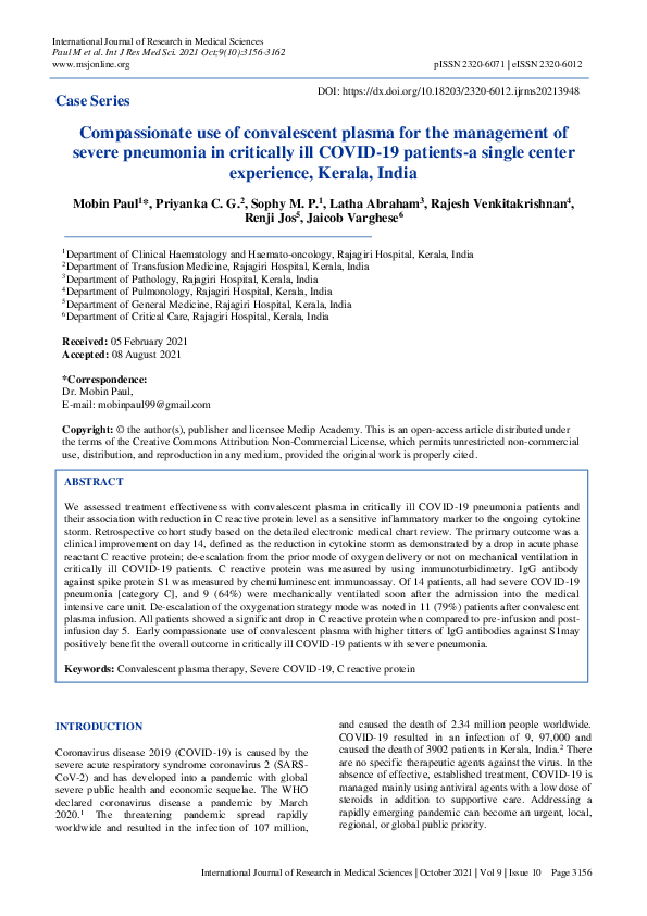 (PDF) Compassionate use of convalescent plasma for the management of ...