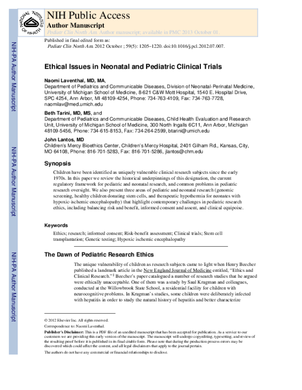 (PDF) Ethical Issues in Neonatal and Pediatric Clinical Trials