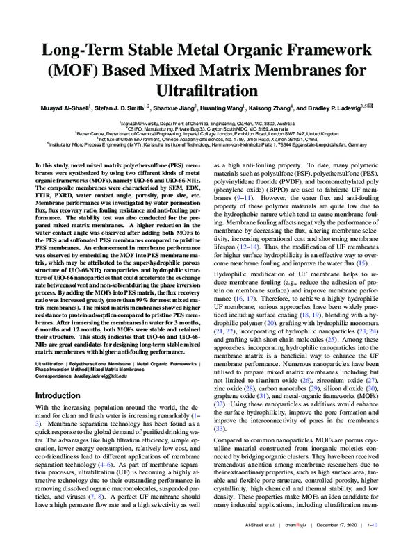 (PDF) Long-Term Stable Metal Organic Framework (MOF) Based Mixed Matrix ...