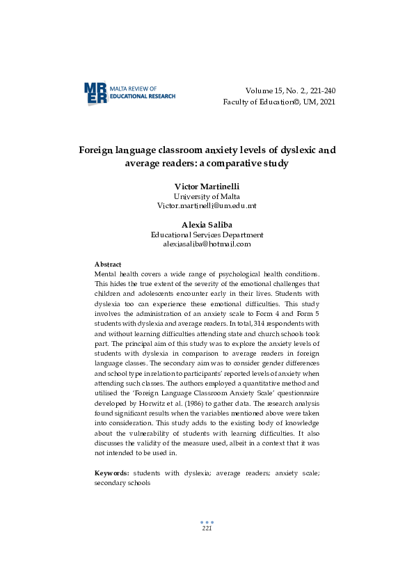 (PDF) Foreign language classroom anxiety levels of dyslexic and average ...