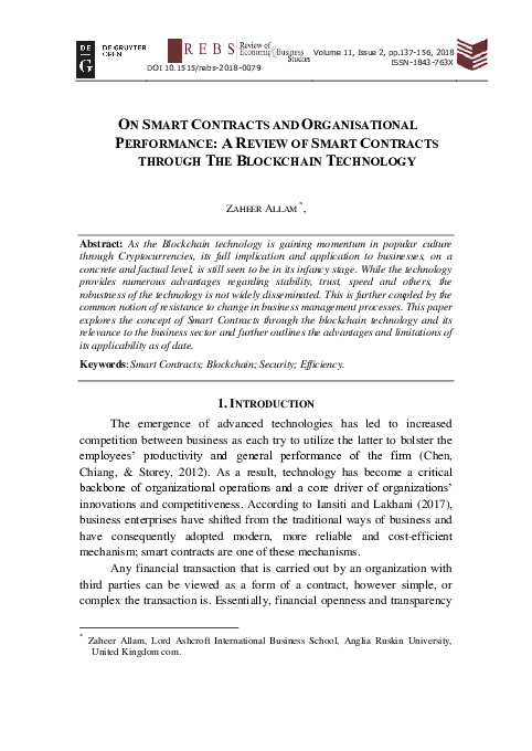 (PDF) On Smart Contracts and Organisational Performance: A Review of ...
