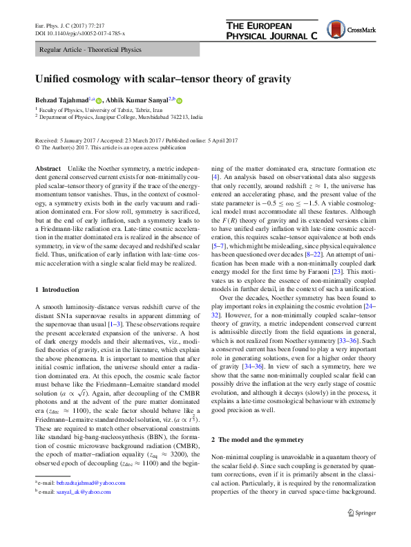 (PDF) Unified cosmology with scalar–tensor theory of gravity