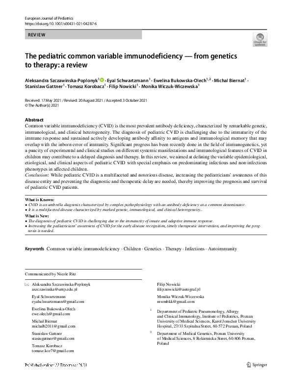 (PDF) The pediatric common variable immunodeficiency — from genetics to ...