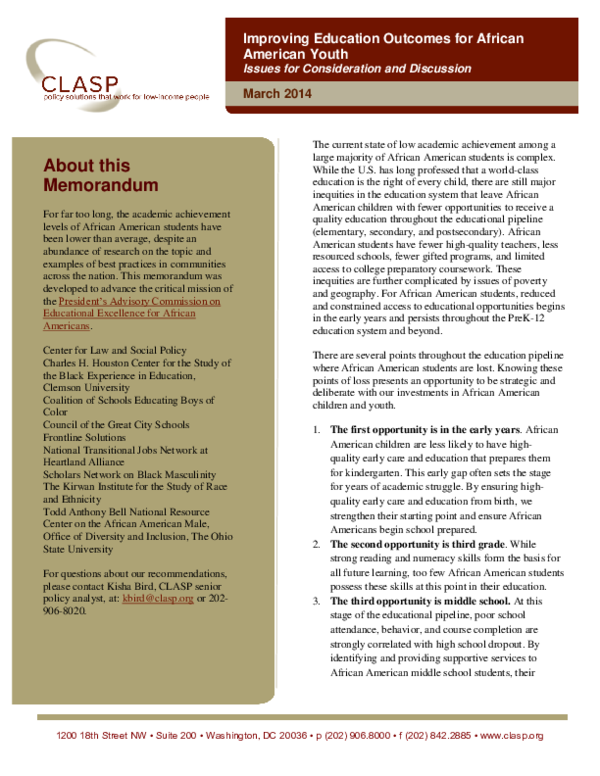 (PDF) Improving Education Outcomes for African American Youth - Issues ...