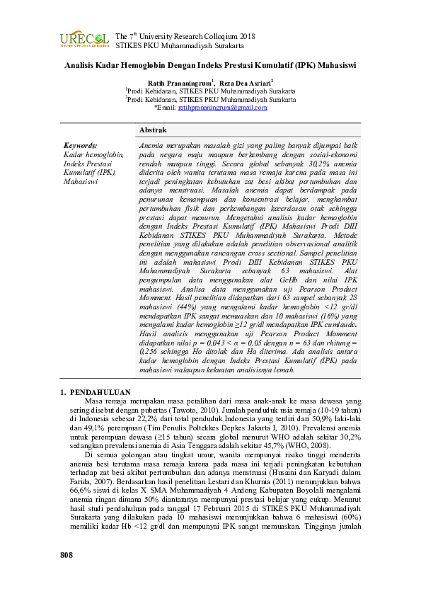 (PDF) Analisis Kadar Hemoglobin dengan Indeks Prestasi Kumulatif (IPK