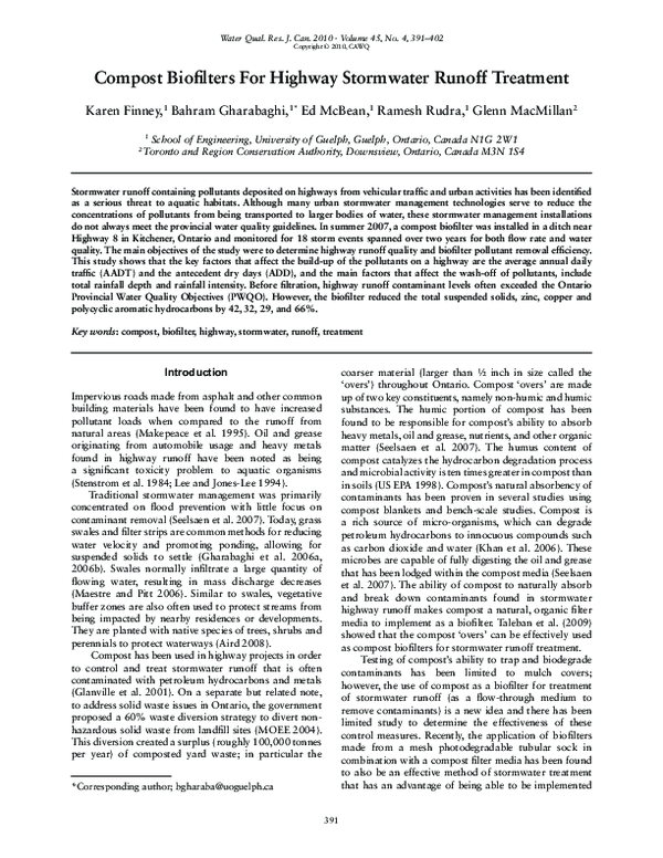 (PDF) Compost Biofilters For Highway Stormwater Runoff Treatment