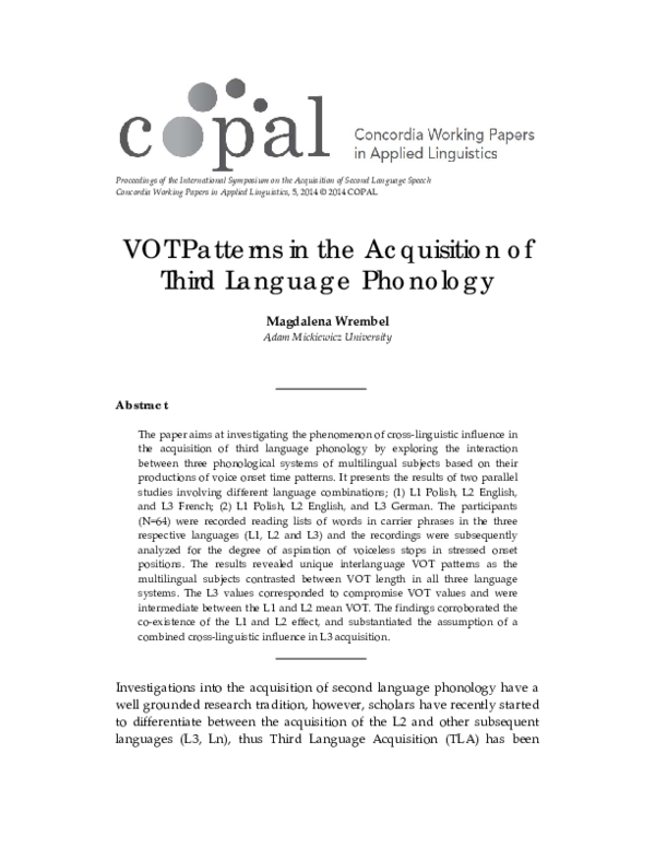(PDF) VOT Patterns in the Acquisition of Third Language Phonology