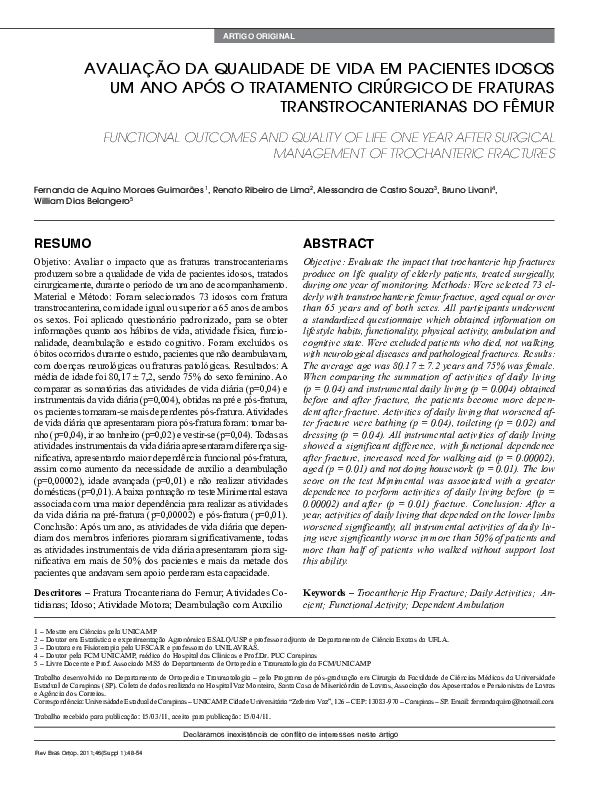 (PDF) Functional outcomes and quality of life one year after surgical ...