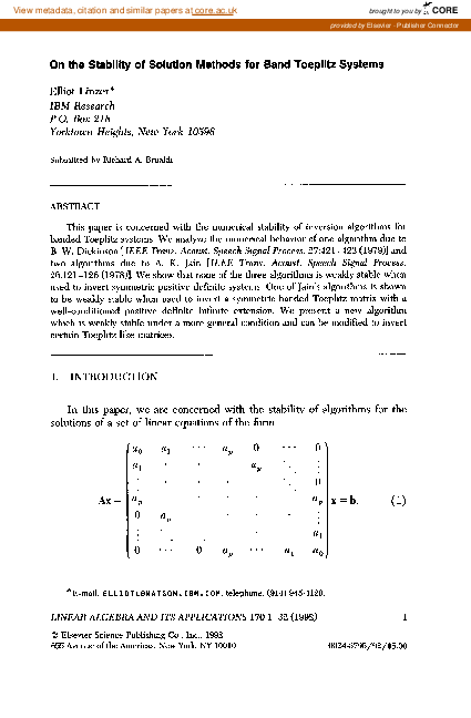 (PDF) On the stability of solution methods for band Toeplitz systems