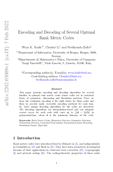 (PDF) Encoding and Decoding of Several Optimal Rank Metric Codes
