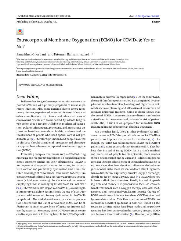 (PDF) Extracorporeal Membrane Oxygenation (ECMO) for COVID-19: Yes or No?
