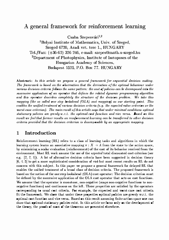 (PDF) A general framework for reinforcement learning