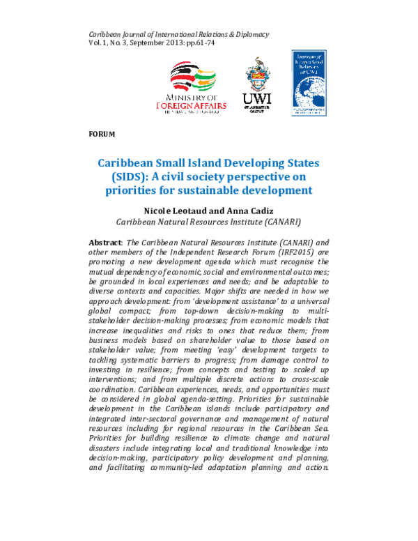 (PDF) Caribbean Small Island Developing States SIDS: A civil society ...