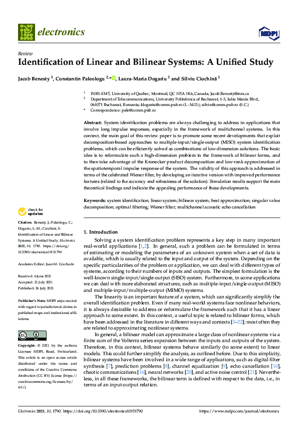 (PDF) Identification of Linear and Bilinear Systems: A Unified Study