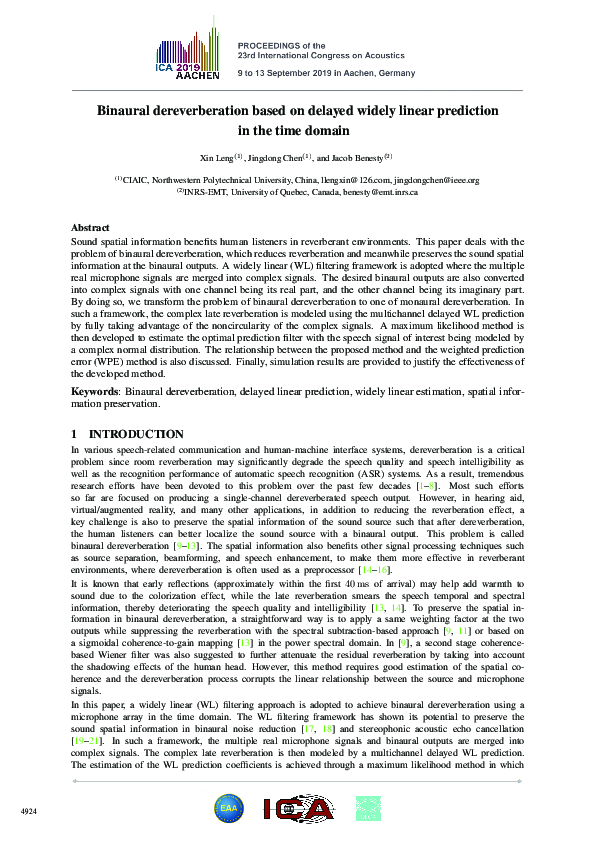 (PDF) Binaural Dereverberation Based on Delayed Widely Linear ...