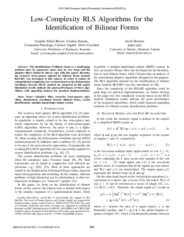 (PDF) Low-Complexity RLS Algorithms for the Identification of Bilinear ...