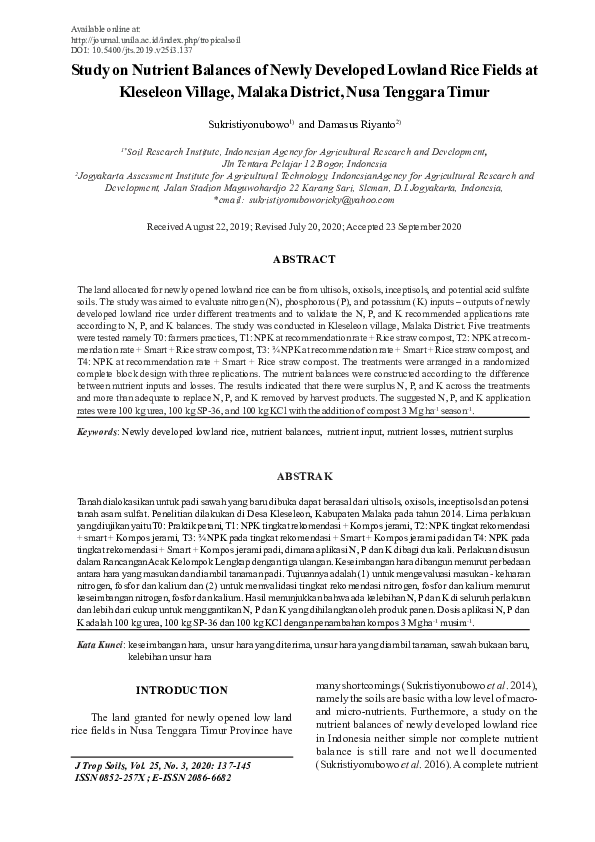 (PDF) Study on Nutrient Balances of Newly Developed Lowland Rice Fields ...