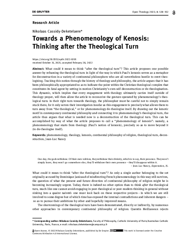 (PDF) Towards a Phenomenology of Kenosis: Thinking after the ...