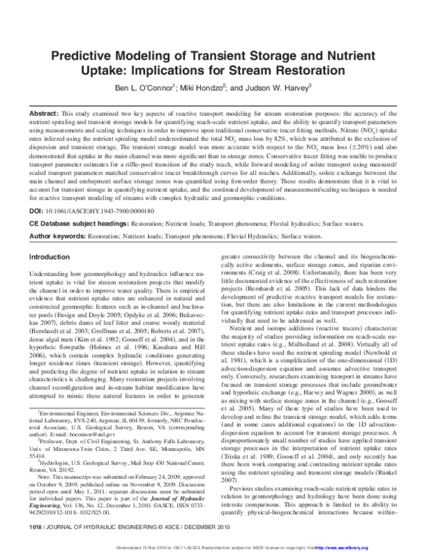 (PDF) Predictive Modeling of Transient Storage and Nutrient Uptake ...