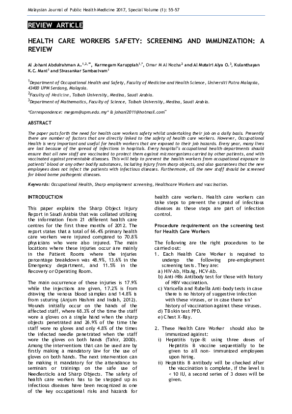 (PDF) Health care workers safety: screening and immunization: a review