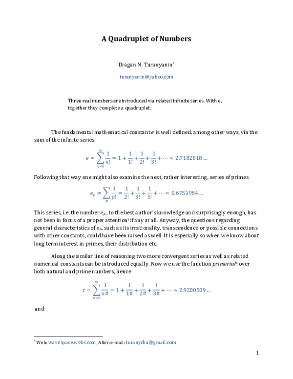 (PDF) A Quadruplet of Numbers