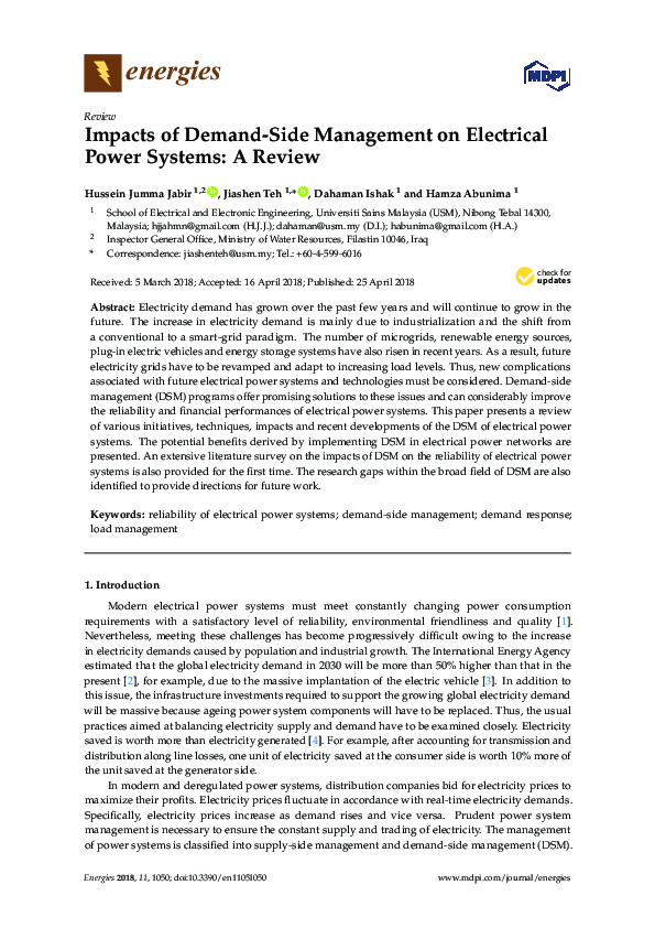 (PDF) Impacts of Demand-Side Management on Electrical Power Systems: A ...