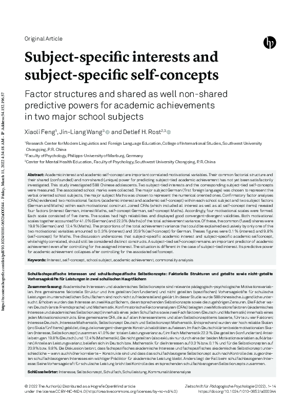 (PDF) Subject-specific interests and subject-specific self-concepts